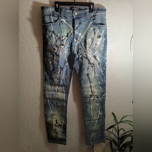 Smoke Ash Custom Distressed Sz(34x32) Slim w/(Blu/Wht Paint Splat) Men’s Jeans.